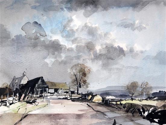 § Rowland Hilder (1905-1993) Kentish landscape with farm buildings, 11 x 15in.